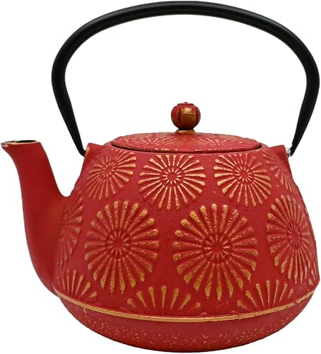 Urban Tokyo 40 fl oz Cast Iron Teapot Japanese Tetsubin Style Red With Gold Chry