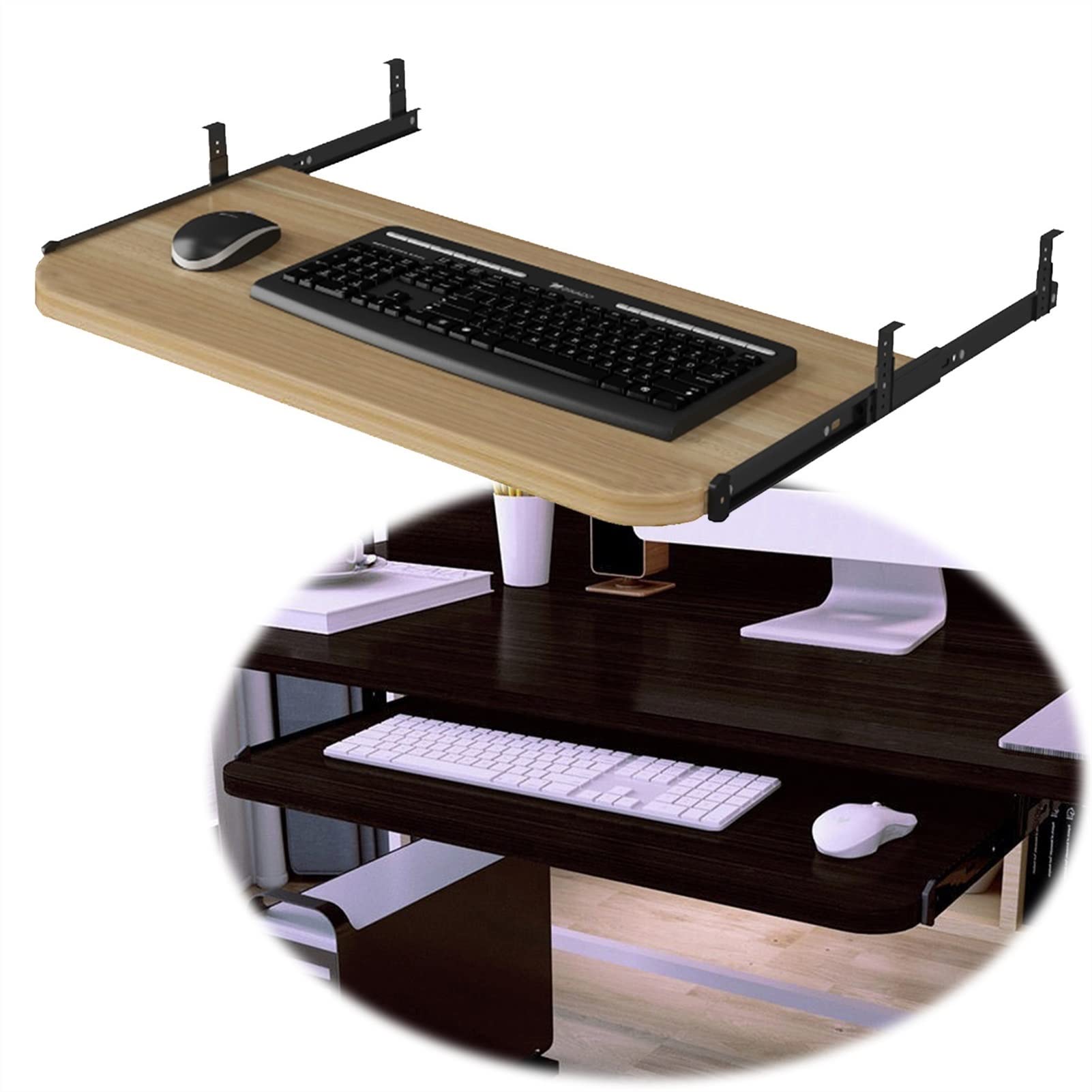 Bandeja deslizante para teclado para debajo del escritorio, soporte de teclado de madera con rodamientos de bolas, diseño que ahorra espacio, fácil acceso para la mayoría de escritorios, teclado