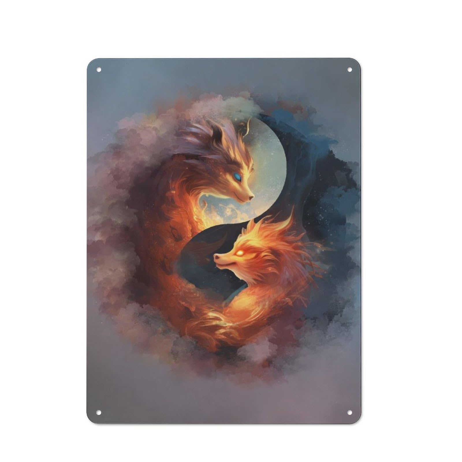 Modern Retro Metal Wall Art Sign 40x30cm Featuring Fox Yin Yang Japanese, Urban Room Decor for Workspace, Cafe, Hallway Or Garage
