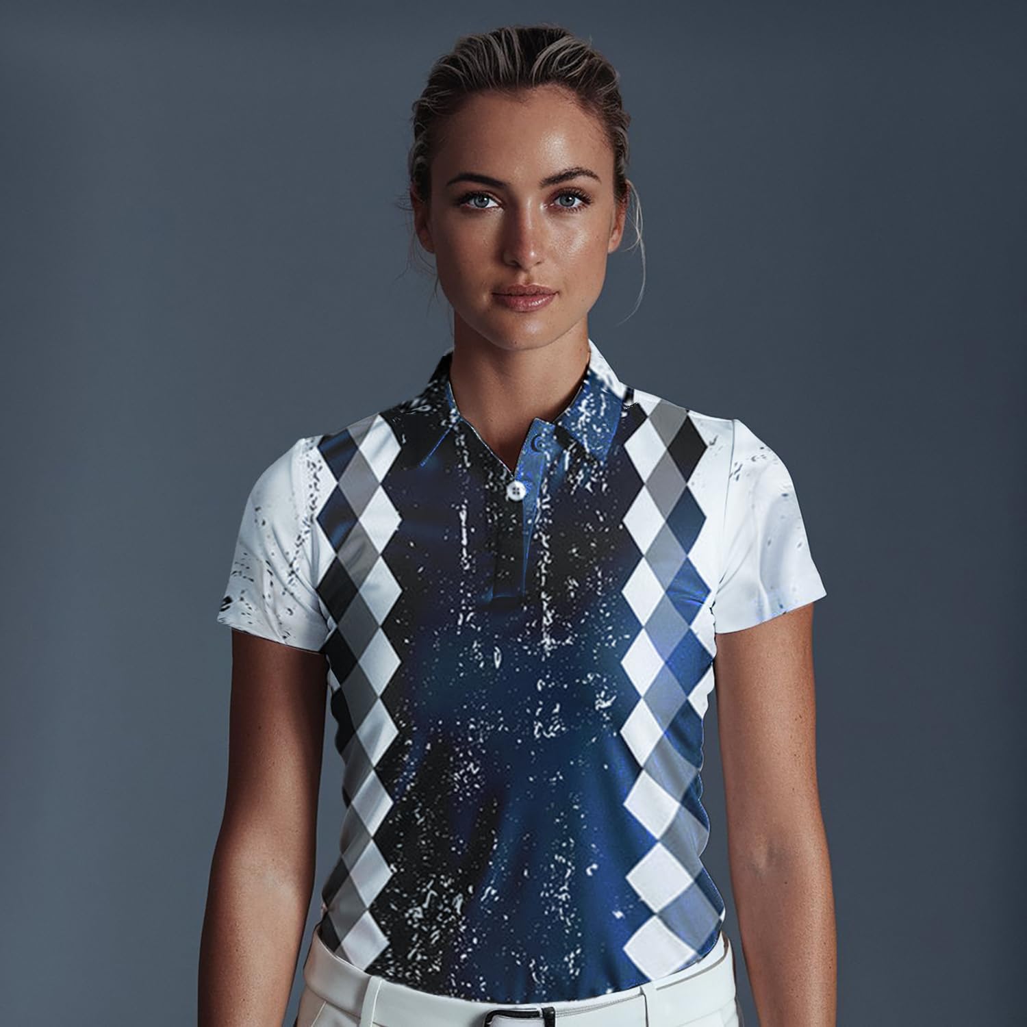 Men's Golf Polo Shirt - Custom Black and White Grunge Argyle Pattern with Skull Design Performance Golf Polo Shirt Personalized N7698