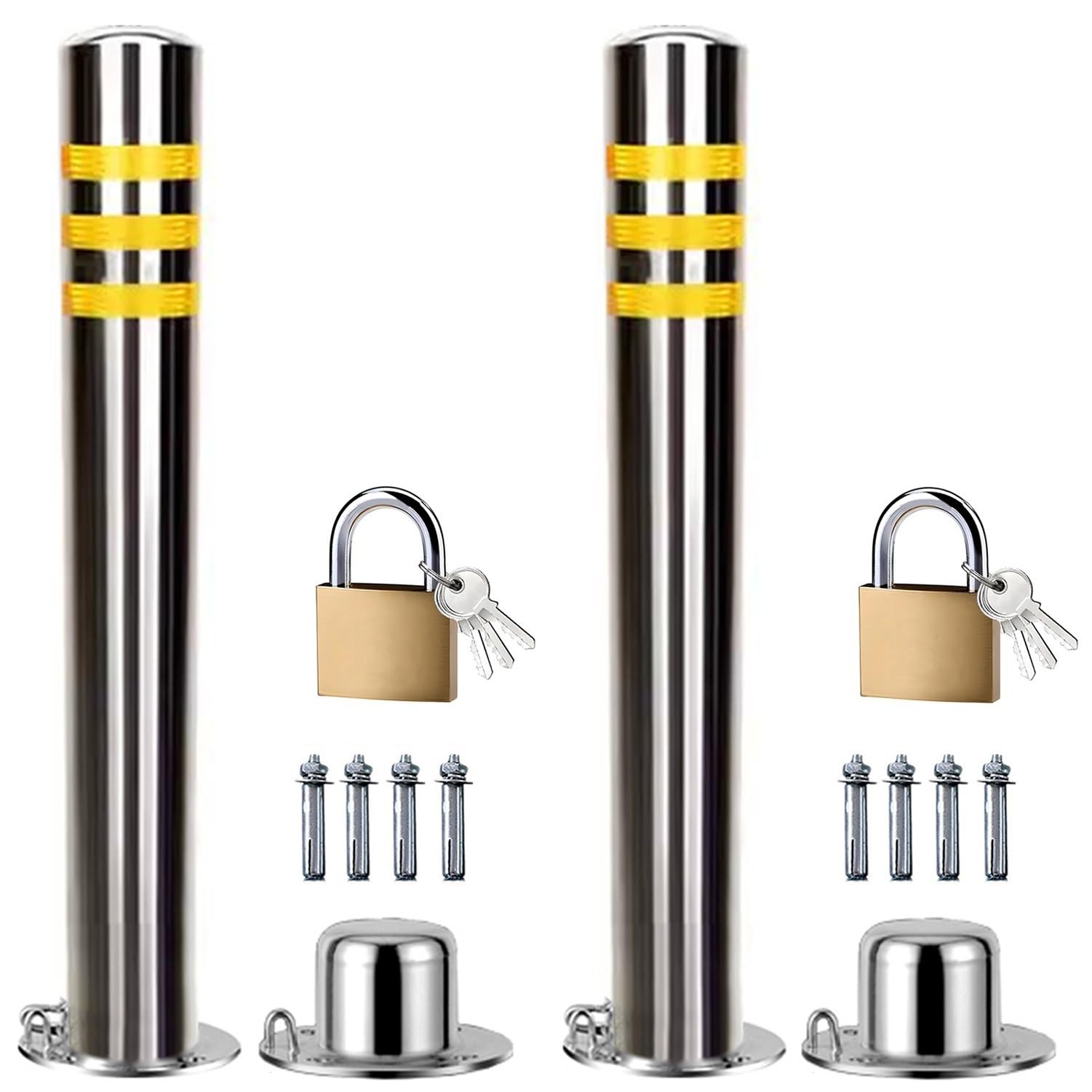 CWCQGH Security Barrier, Stainless Steel Parking Bollard 76x750mm Multicolor 2 Pcs with Padlock and Screws