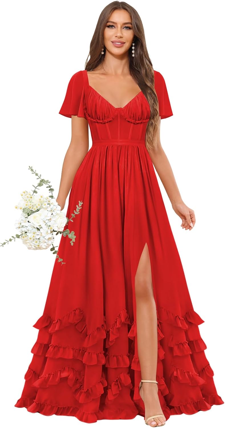 Short Sleeve Bridesmaid Dresses Corset Chiffon V-Neck Ruffled Long Slit Formal Wedding Guest Dress