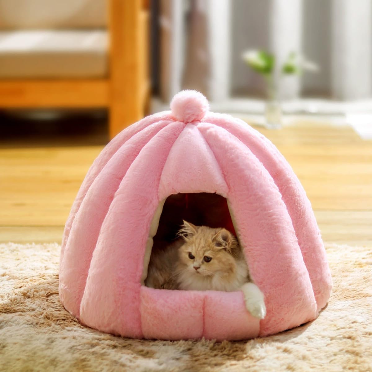 Cat Dog Cave Bed, Portable Pet Igloo Puppy Kitten Tent House with Removable Washable Cushion, Semi-closed Small Medium Cats Bed Warm Kennel (Pink,S-48x40cm)
