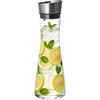 GLASKEY Water Carafe 1.0 Litre Glass Carafe with Lid Glass Juice Jug with Stainless Steel Gravity Lid Borosilicate Glass Carafe for Iced Tea Lemonade Coffee Juice Drinks