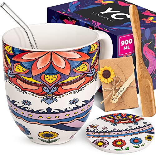 Yang Chai Jumbotasse 900ml, Tee Tasse groß aus Knochen Porzellan, XXL Tasse Geschenkset 6-teilig mit Untersetzer, Papier Teefilter, Glas Strohhalm, Großer Trinkbecher für Tee und Kaffee YC Tranquility Cover