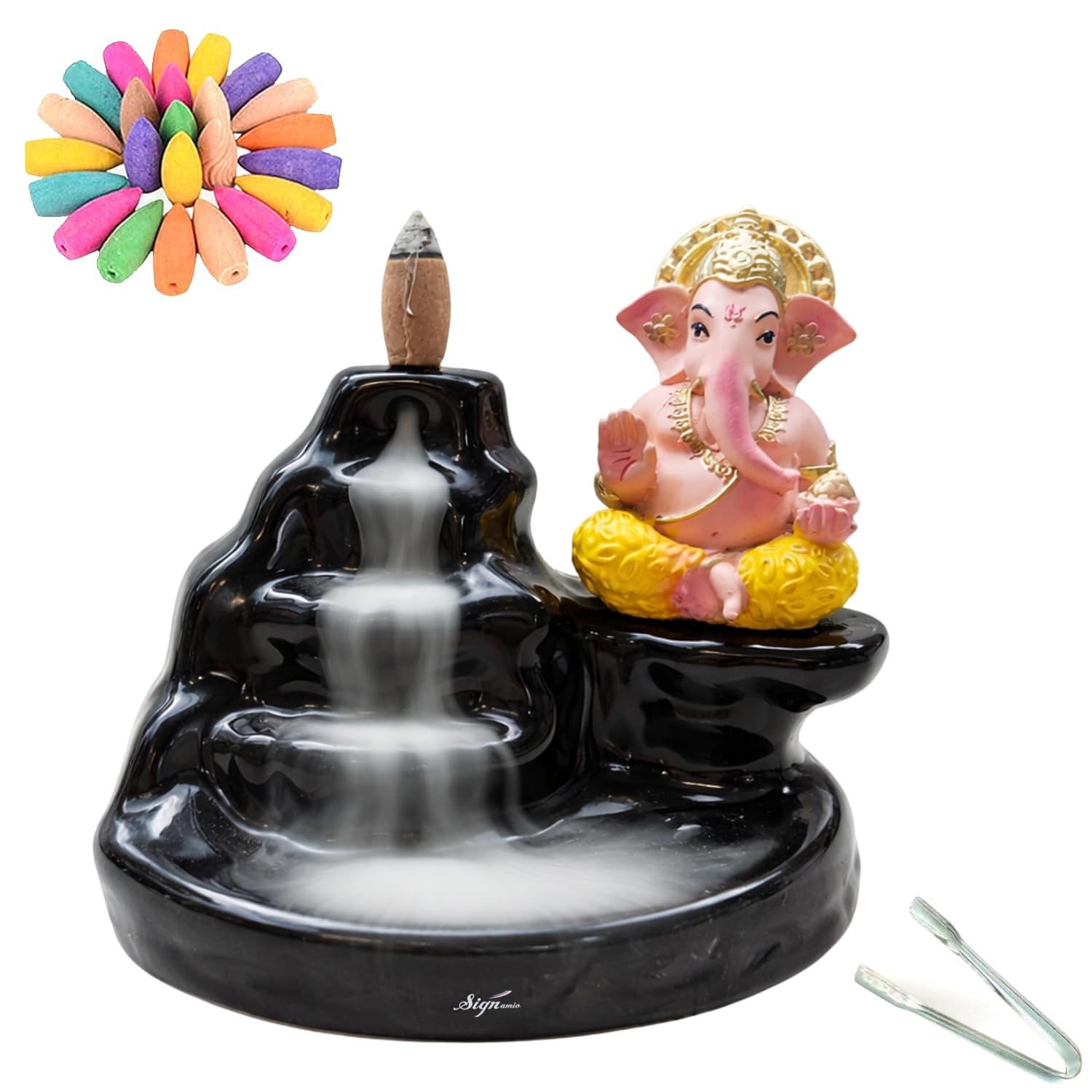 Signamio Ganesha Backflow dhoop Smoke Fountain Aromatic Essence of Ceramic Incense Burner Holder with 30 Cones for Meditation and Home Decor-DN