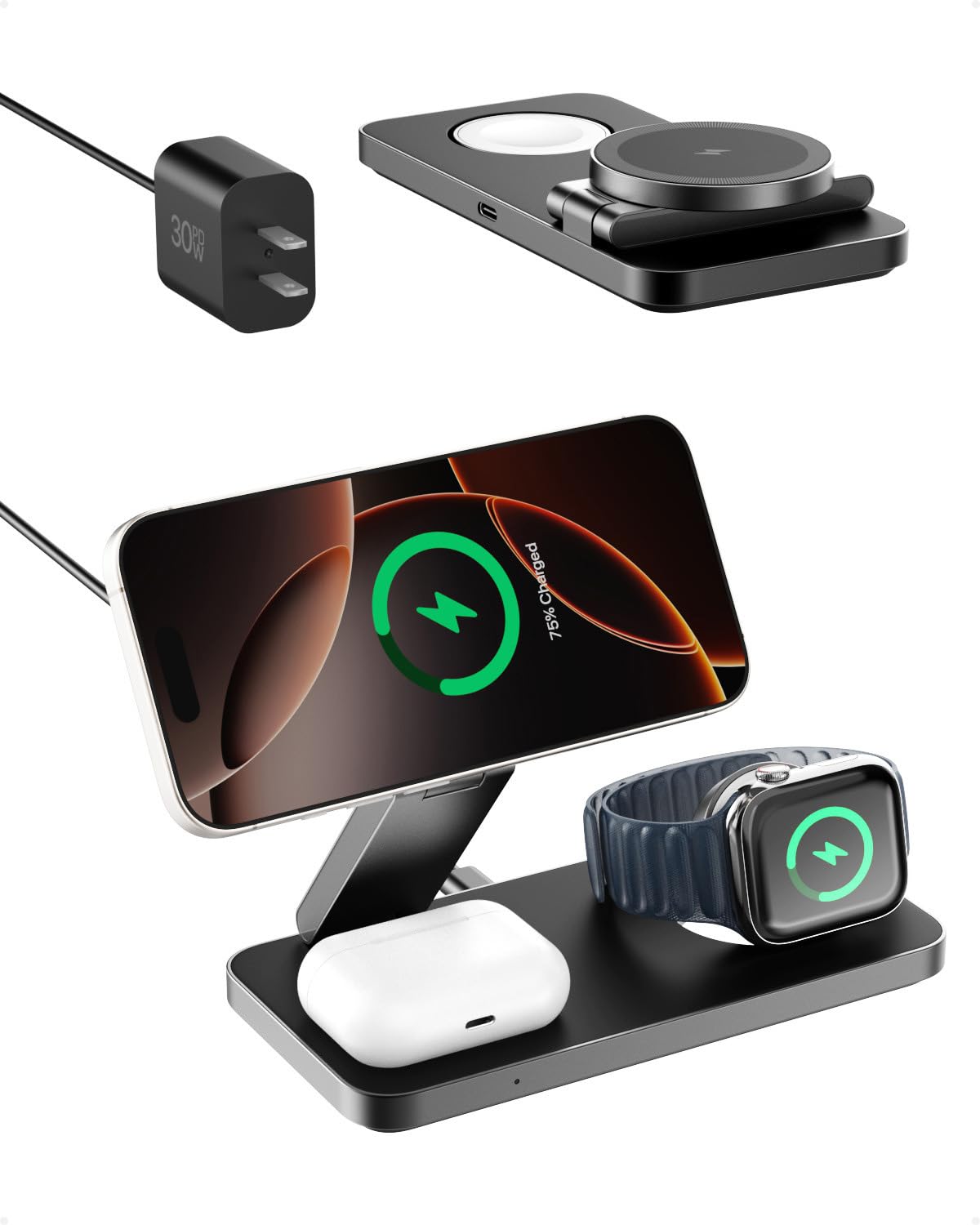 3 in 1 Wireless Charging Station with Qi2 Magnetic Charger for iPhone 16 Pro/16/16 Pro Max/15 Pro/15/15 Pro Max, for Apple Watch 9/Ultra 2/SE/8/7/6/5/4/3/2, for AirPods Pro/Pro 2/3 (Black)