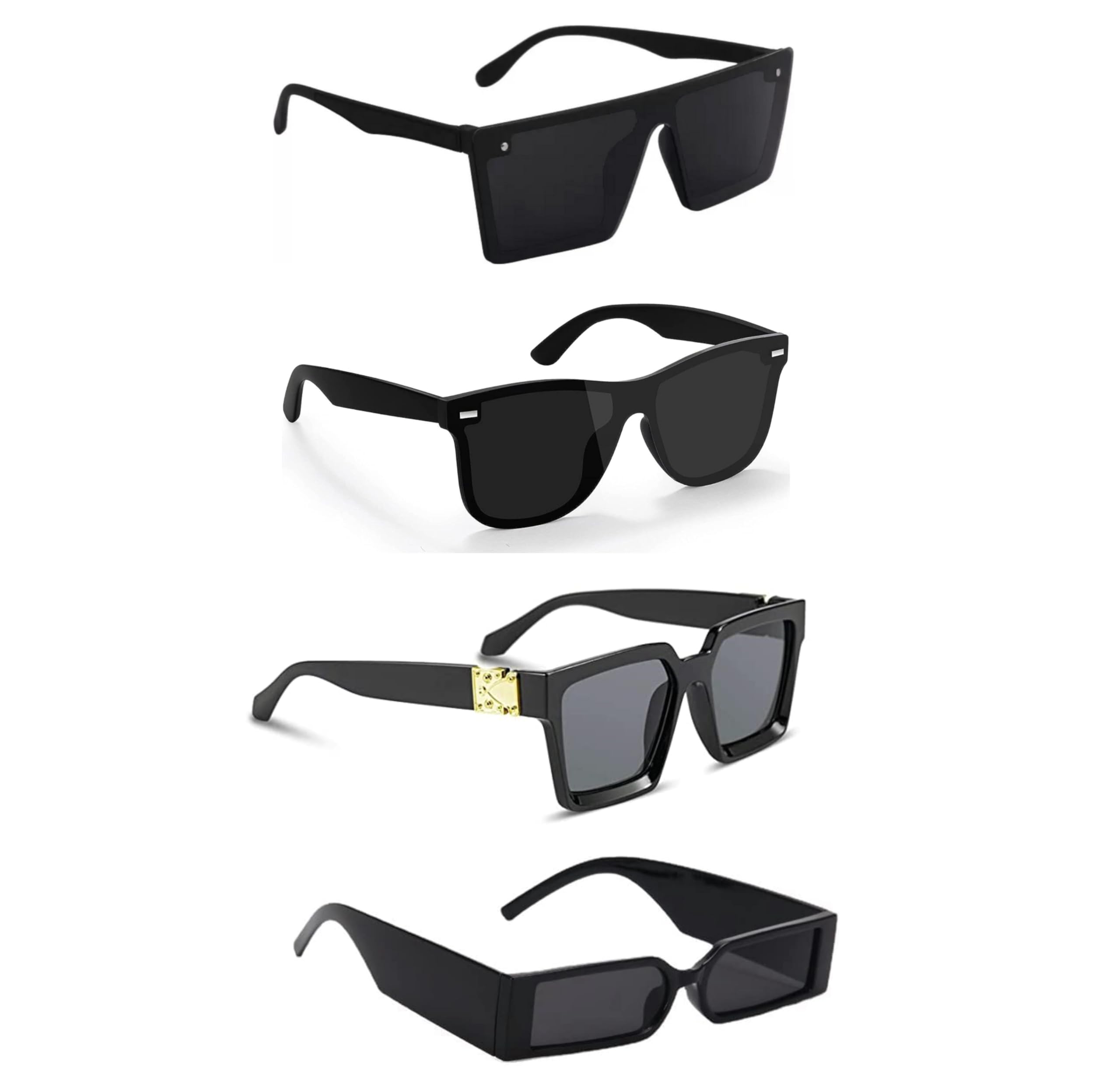 Full Rim Square Branded Latest and Stylish Sunglasses 100% UV Protected Men & Women Medium Black Frame Black Lens Pack of 4