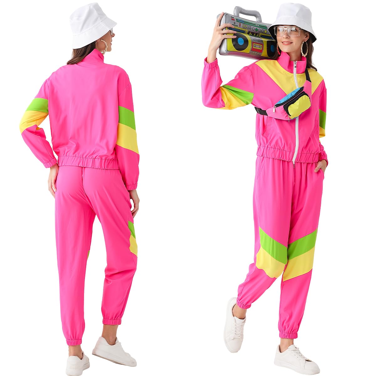 VillbeCoser Disfraz de los años 80 y 90 para mujer, chándal con riñonera, sombrero de gueto, gafas, collar, pendientes, discoteca, carnaval, fiesta temática, disfraz, botón de baño