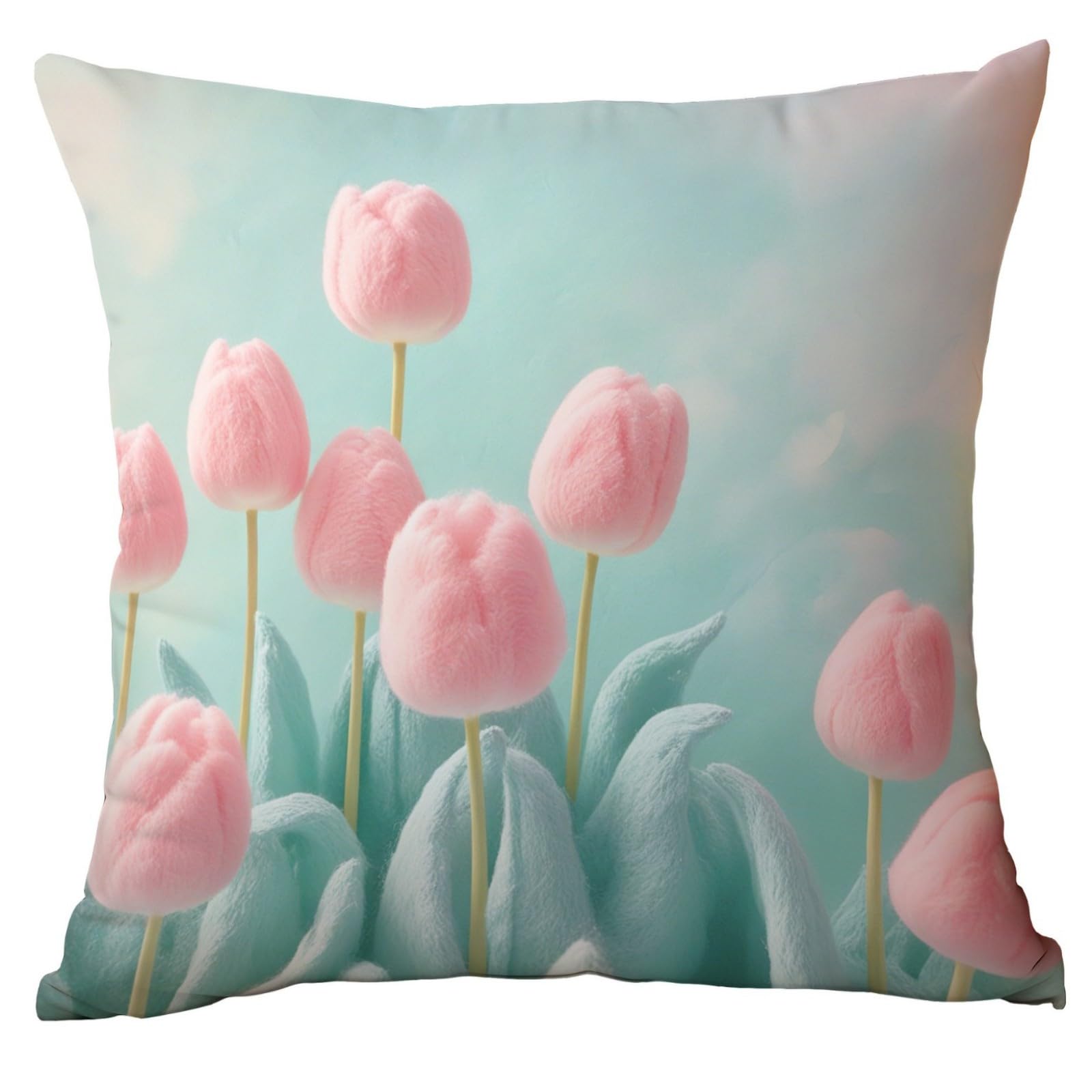 Cushion Covers 60cm x 60cm Pink Flower Leaves Garden Cushions Soft Fabric Pillow Case Short Plush Outdoor Cushion Covers for Car Office Throw Pillow with Invisible Zipper