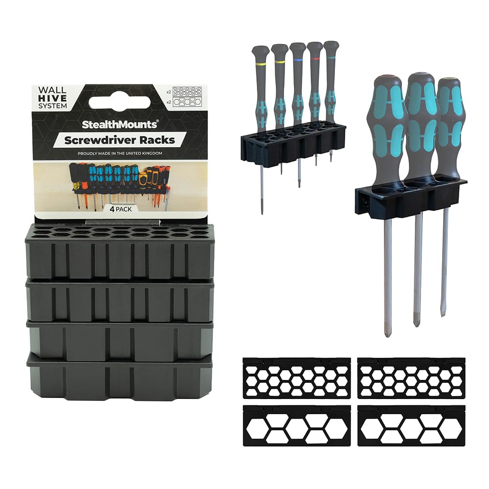StealthMounts Wall Hive System Screwdriver Rack – 4 Pack Wall Mounted Screwdriver Holders for Garage & Workshop Tool Storage