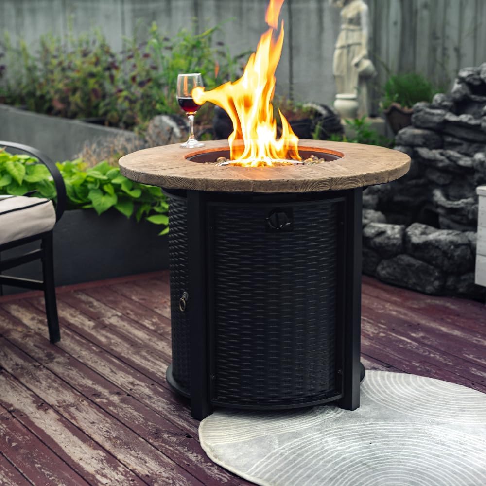 30 Inch Round Propane Fire Pit Table with Lava Rocks, Outdoor Firepit for Patio Deck Garden - Black (Black + Steel-2)