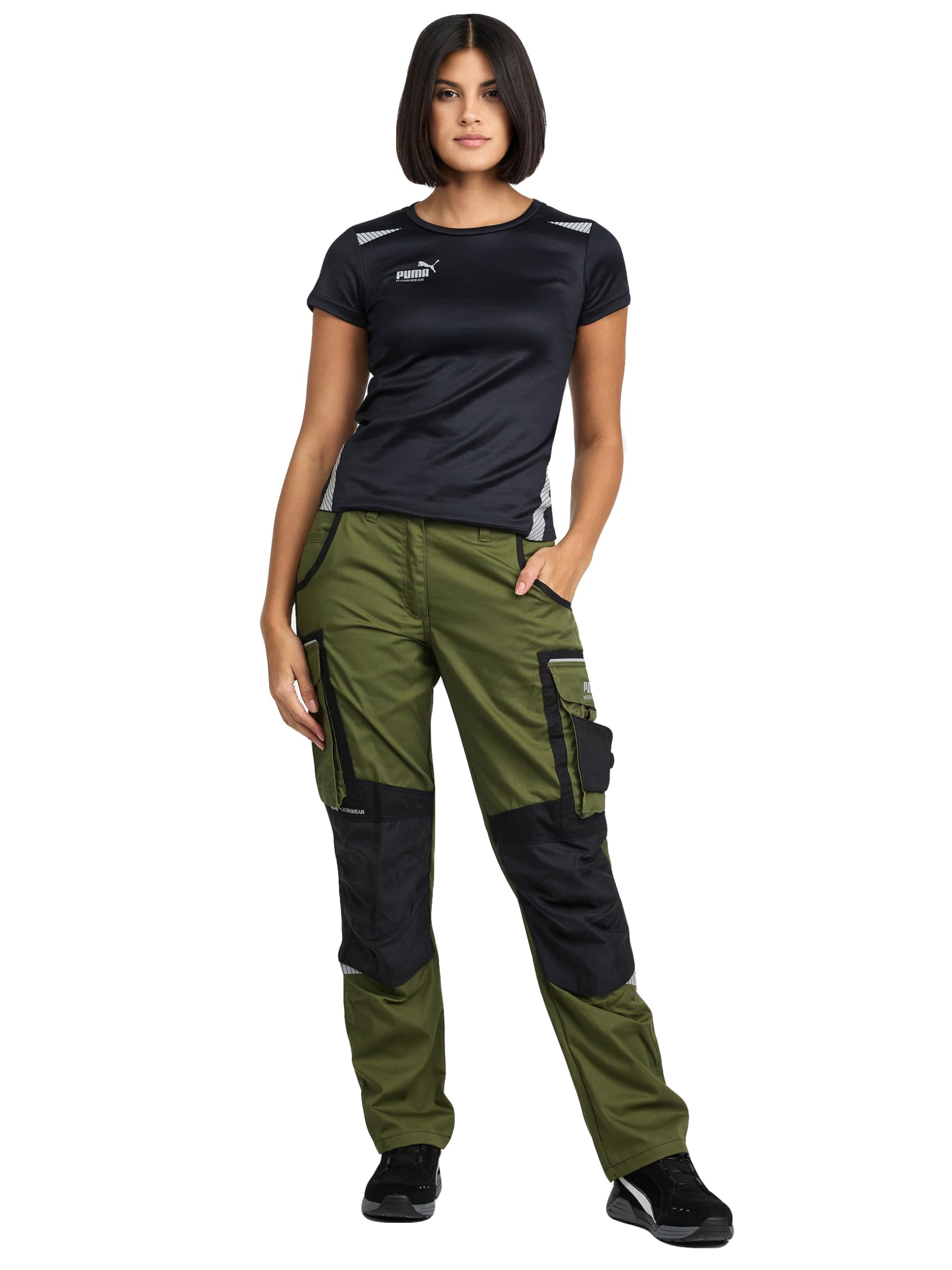 PUMA Work WEAR Premium damskie spodnie robocze z wieloma kieszeniami i dodatkowo wzmocnioną tkaniną nylonową - czarne, zielony/czarny, 40