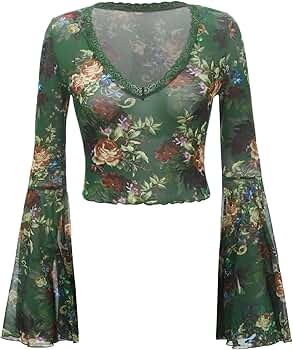 Floerns Women's Floral Print Flare Sleeve Lace Trim Mesh Crop Top