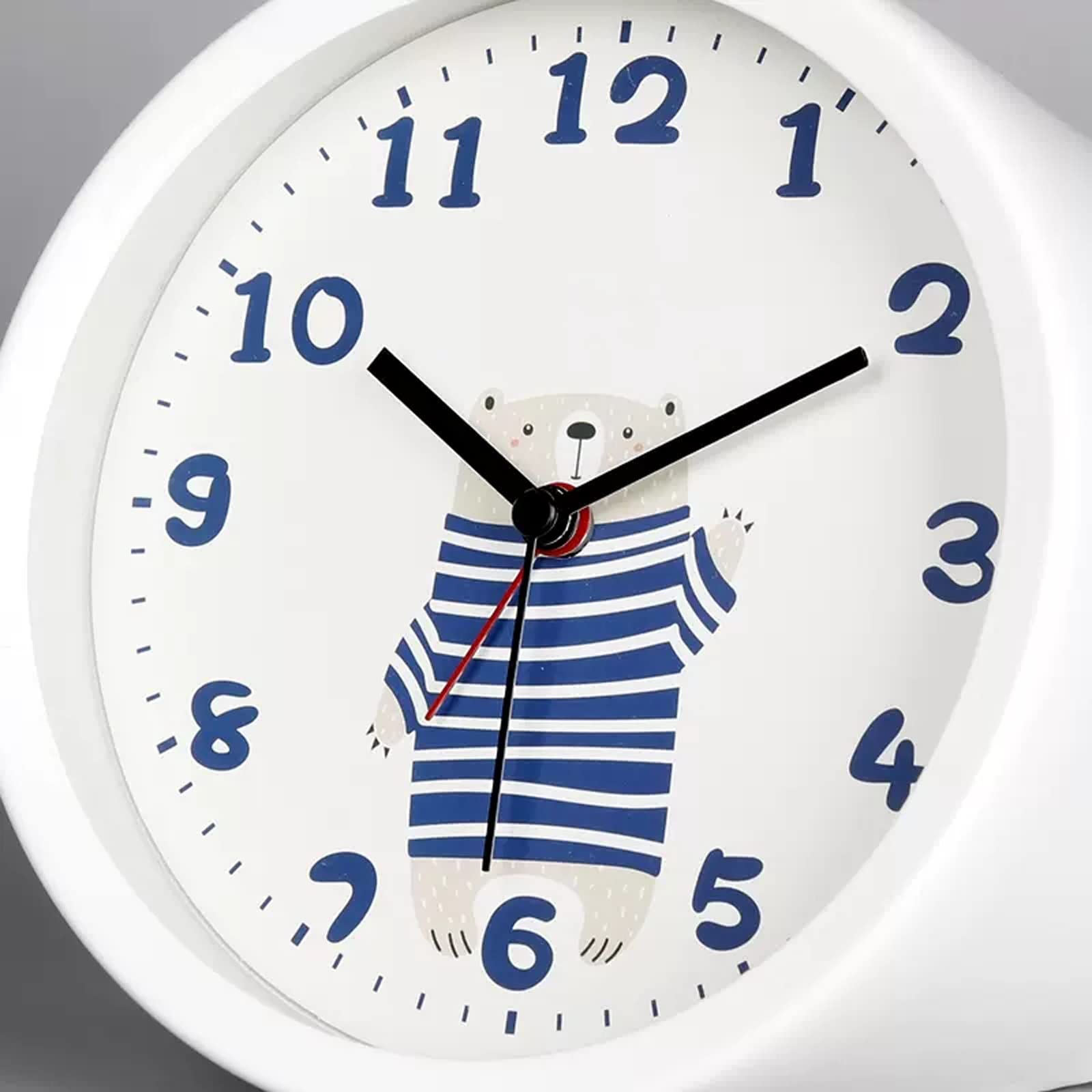 Budzik Budzik dla dzieci, okrągły kreskówka niedźwiedź Śliczny nie tykający budzik Zegar na baterie Przenośny budzik do sypialni Biurko do sypialni (Color : White)