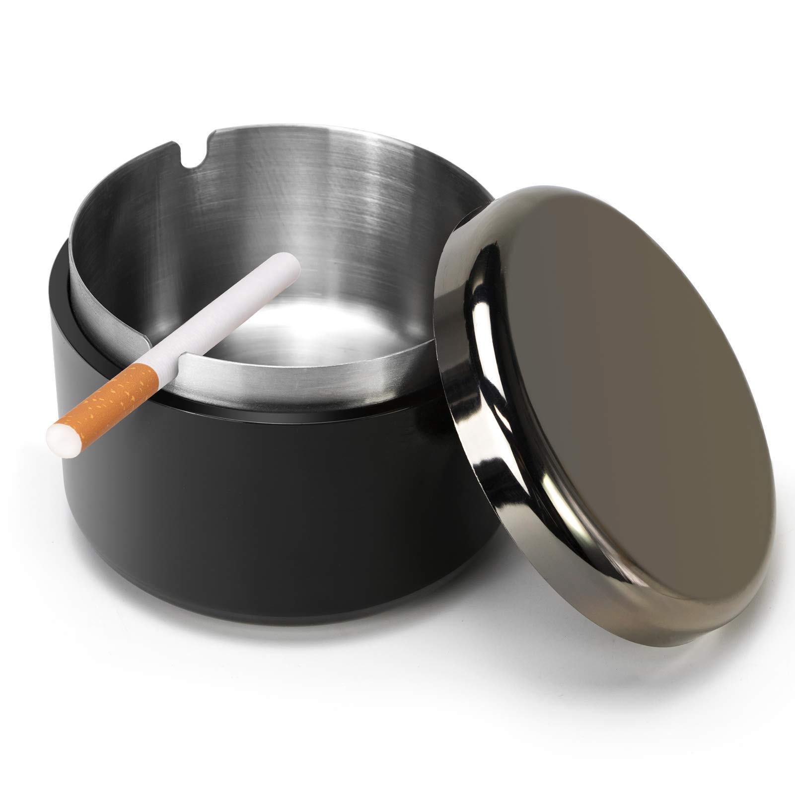 Ashtray - Cool Black Plastic with Stainless Steel Liner for Indoor, Outdoor, Patio, Office and Home