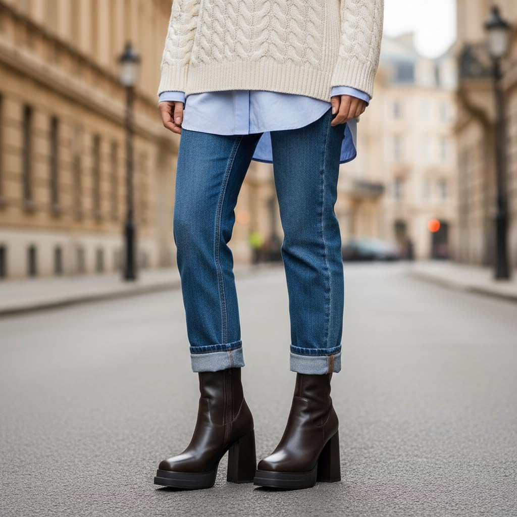 Women's Platform Ankle Boots Chunky High Heel Square Toe Stretchy Short Gogo Combat Boots Booties for Women - Image 2