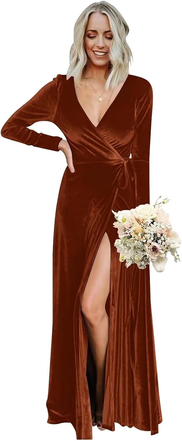 Velvet Bridesmaid Dresses for Women Long Sleeves Maxi Formal Wedding Party Dress