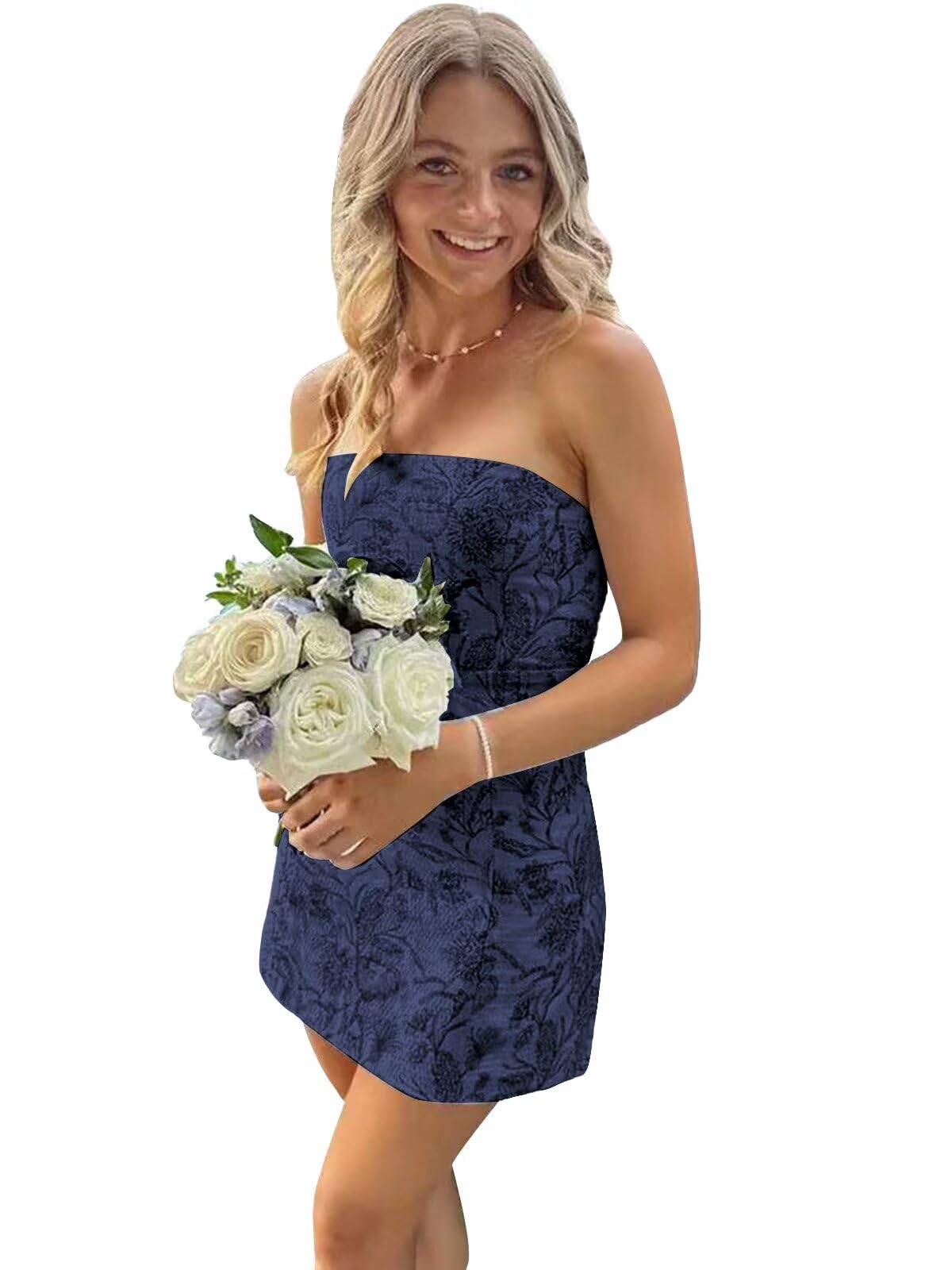 POMUYOO Strapless Satin Homecoming Dresses for Teens 2026 Floral Short Cocktail Prom Dresses with Pockets