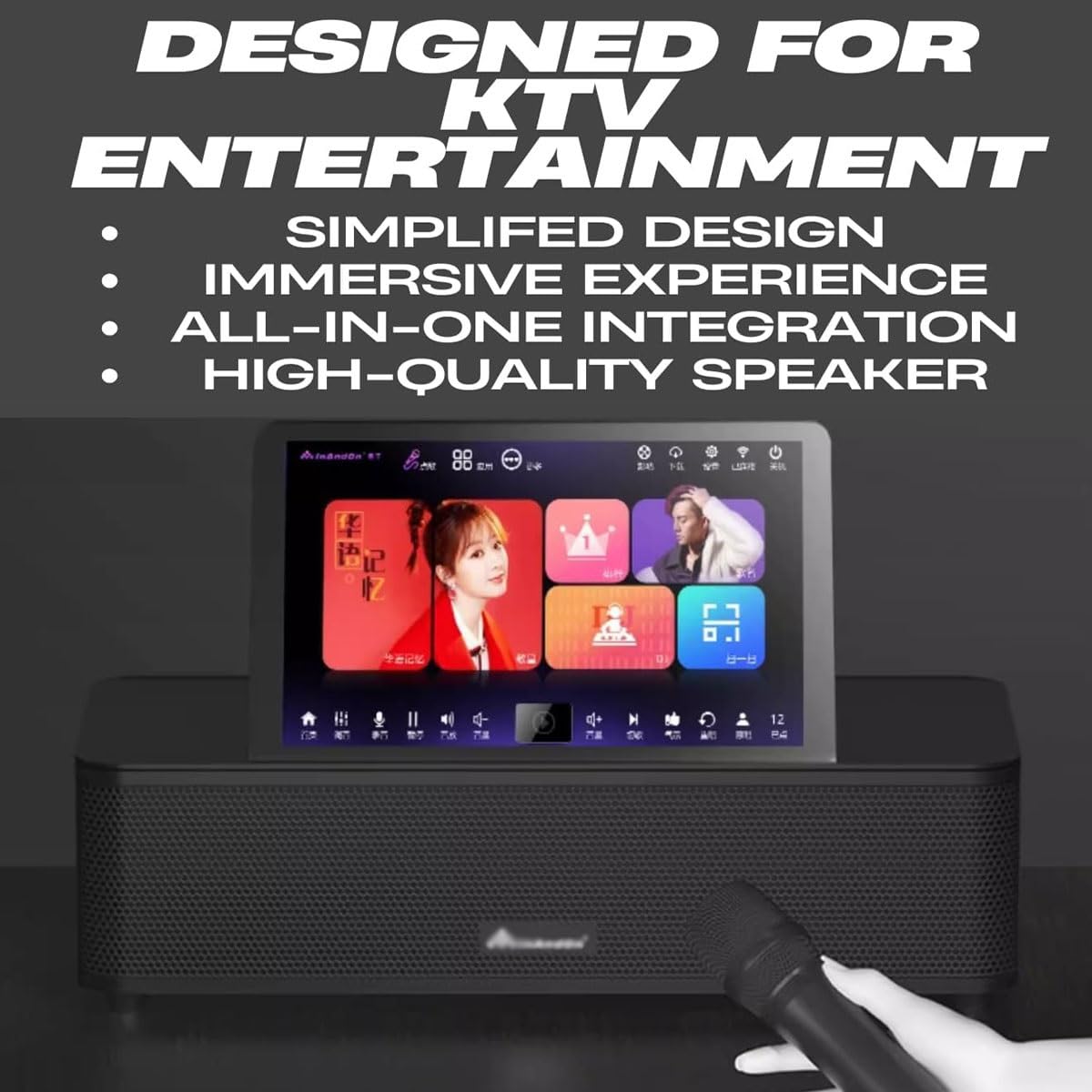 Macchina per karaoke con touch screen, lettore multimediale portatile, 2 microfoni wireless, amplificatore di potenza, controllo vocale intelligente AI