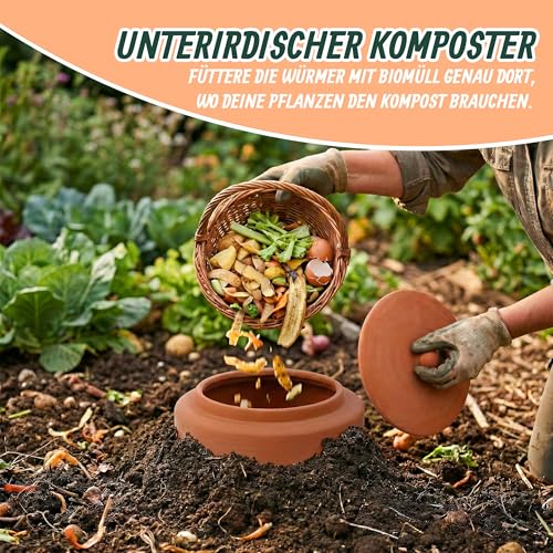 Relaxdays Wurmkomposter zum Eingraben, 3 L, Wurmturm für Küchenabfälle, Deckel, Komposter Garten & Beet, Ton, terrakotta