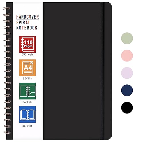 LABUK Spiral Notebook 8.5 x 11, A4 Large Notebooks for Women Men, 55 Sheets (110 Pages) College Ruled Hardcover Notebook for Work School Note Taking (Black)