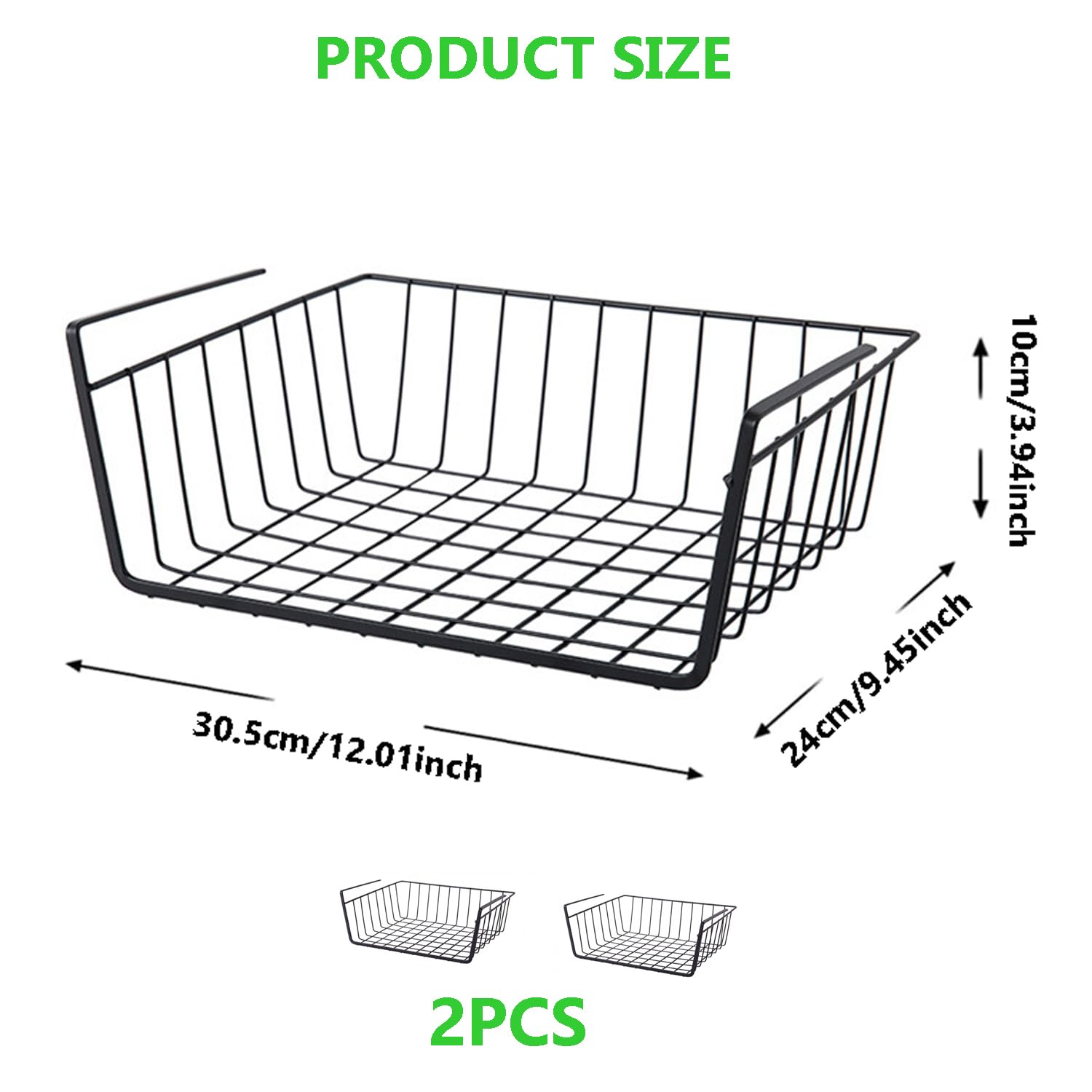 2 Stück Unterregal Aufbewahrungskorb, Hängekorb Metall Aufbewahrungskorb, Hängekorb Regal Unter Schrank Korb-Organizer Schwarz Regaleinhängekorb für Küche, Büro, Speisekammer, Bad, Schrank