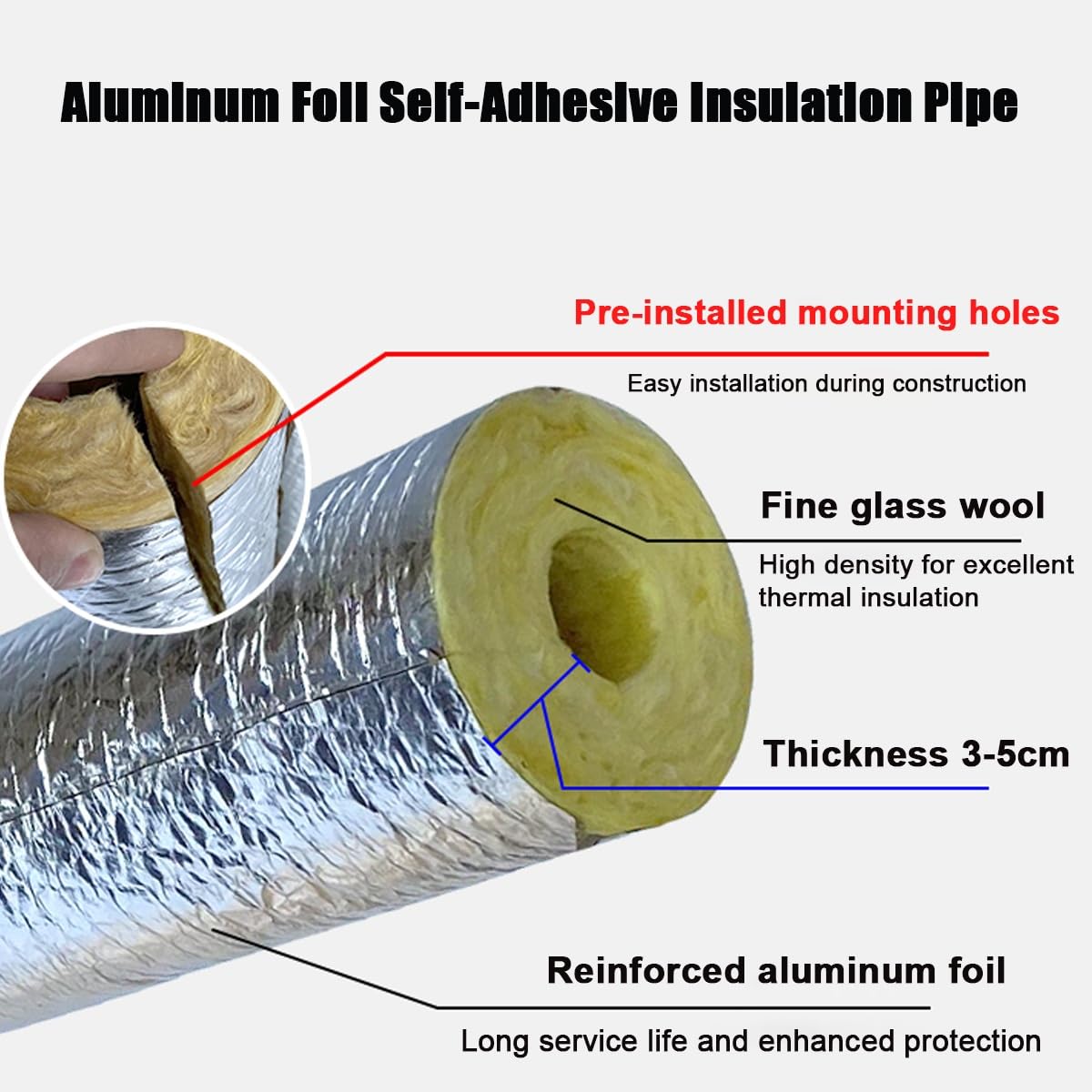 Aislamiento de tubería de lana de roca de alto rendimiento con lámina de aluminio, autoadhesivo, 39.3 pulgadas de longitud, ideal para diámetro interior de 1-1/4 pulgadas x T 1.97 pulgadas, protección
