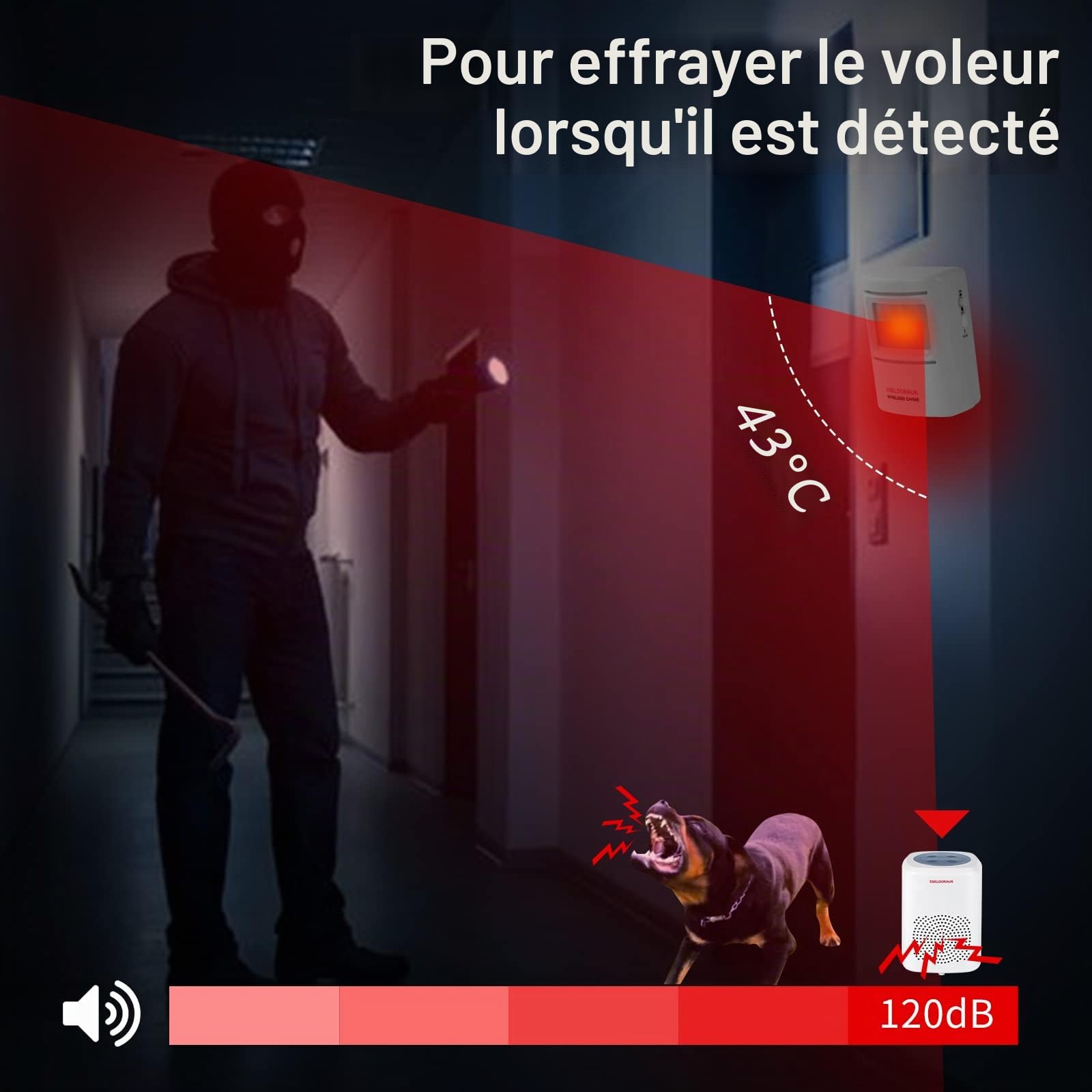Détecteur de mouvement d'alarme d'aboiement de chien, détecteur de sécurité domestique sans fil de 300 mètres, kit de cloches de porte (lot de 1 capteur + 1 récepteur)