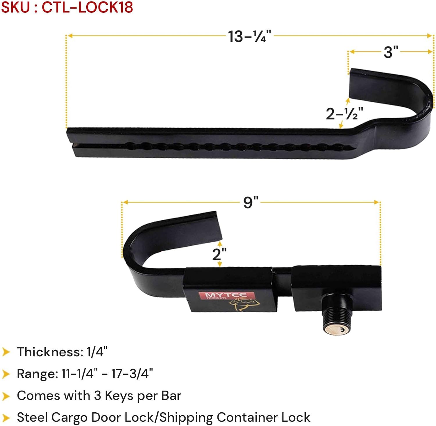 Mytee Products (2 Pack) Steel Cargo Door Lock/Shipping Container Lock with 3 Keys per Bar, Range 11-1/4" - 17-3/4", for Trailers, semi-Trailers, containers