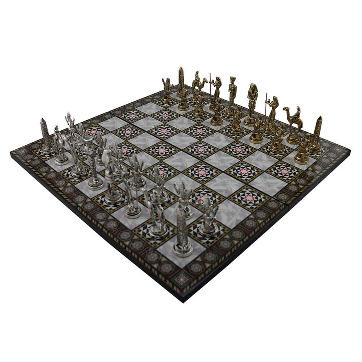 GiftHome Metal Mısır Satranç Takımı Parlak ve Katlanır Sedef Desenli MDF Ahşap Satranç Tahtası (43x43 cm.)