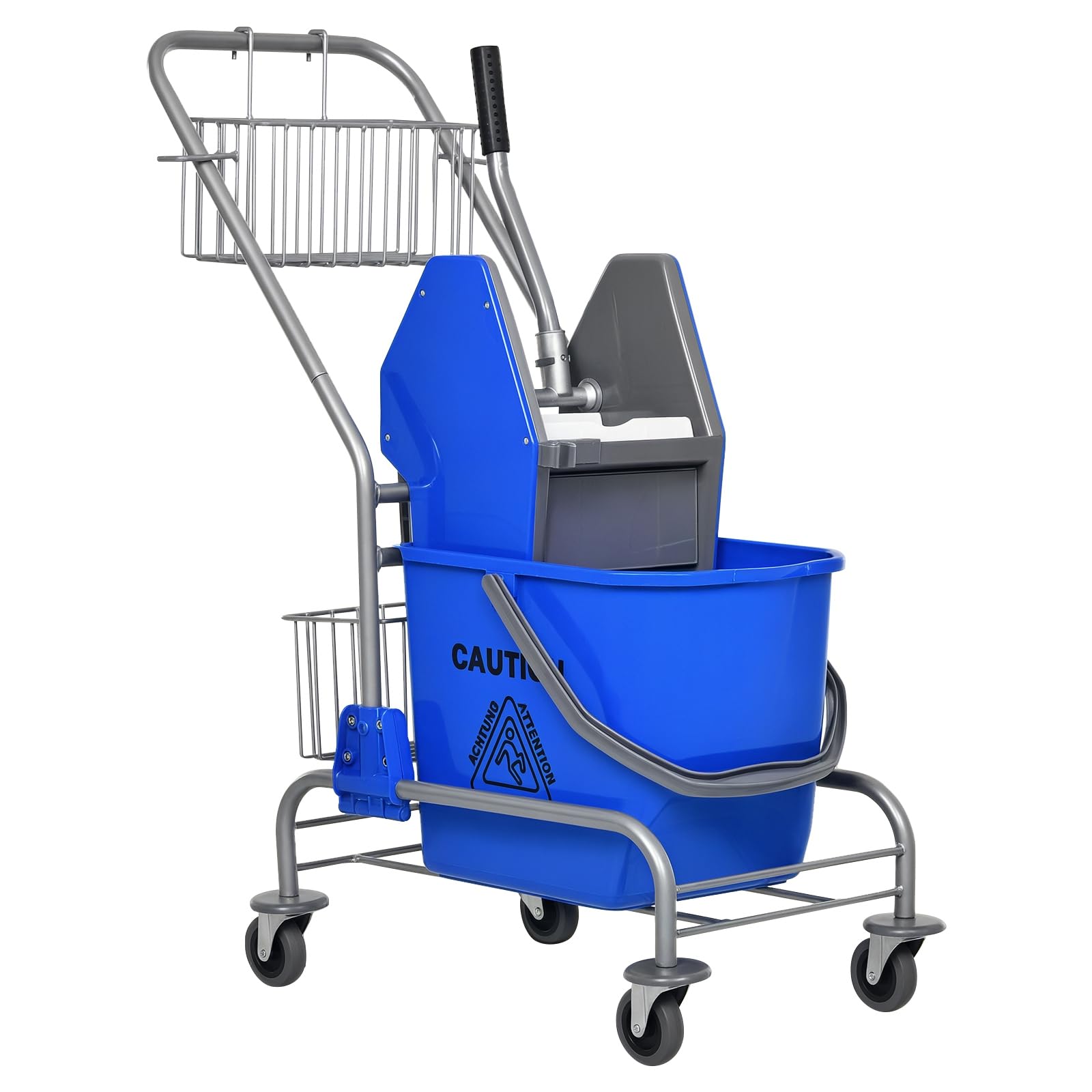 HOMCOM Cubo de Fregona 26 L Cubo Fregado Comercial con Escurridor de Presión hacia Abajo Ruedas y Cestas de Almacenamiento 73x45x95 cm Azul