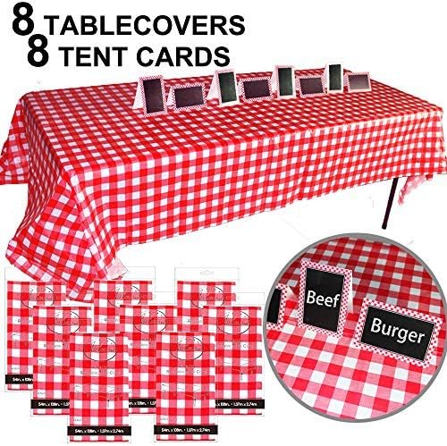 JALOUSIE Value Bundle Table Covers Party Decoration 8 Pack 54" x 108" Lead-Free Plastic Table Covers (Red Gingham Checkered)