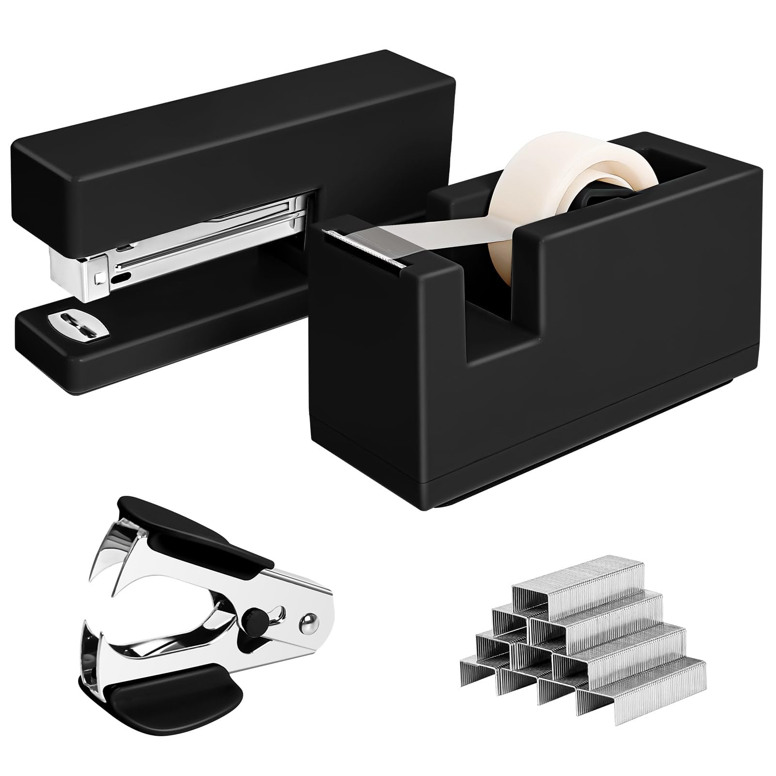 1 Desktop Stapler & 1 Tape Dispenser - 25 Sheet Capacity with 830 Staples and Staple Remover, Non-Slip for Office,School, Home & Classroom, Black(Tape