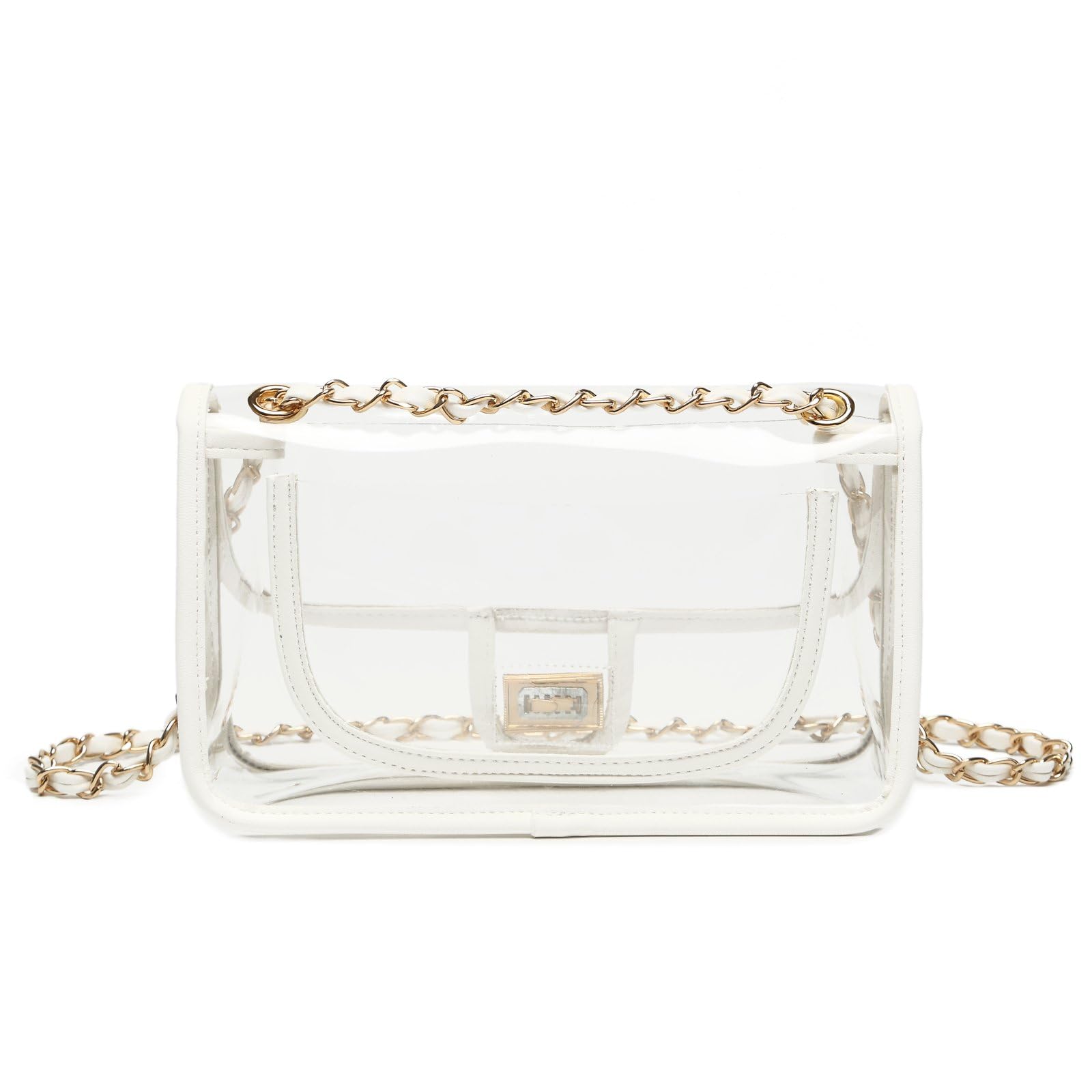 Transparente PVC-Handtasche für Damen, mit Kette, Stadion-zugelassen, durchsichtige Tasche, durchsichtig, Weißer Rand (goldene Kette und Hardware) (große Größe), M