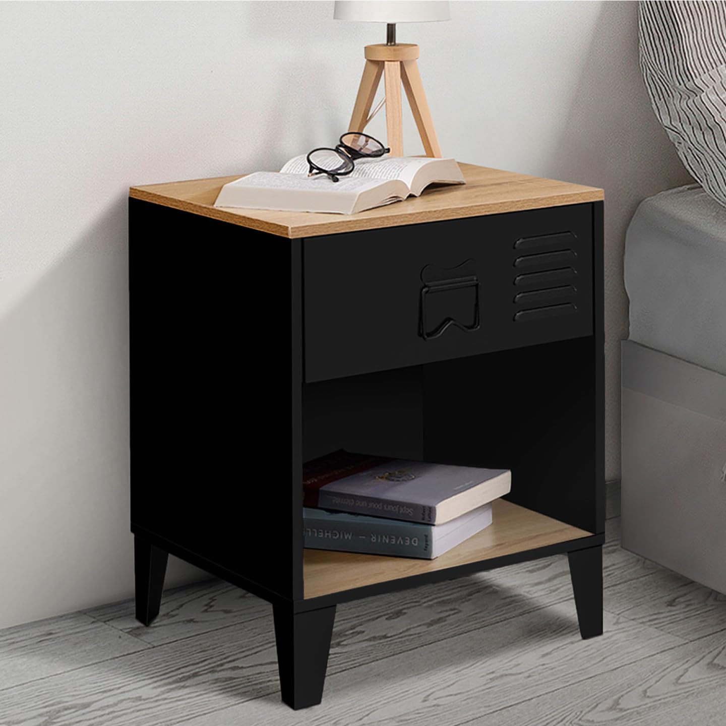 IDMarket - Lot de 2 Tables de Chevet Ester Bois et métal Noir