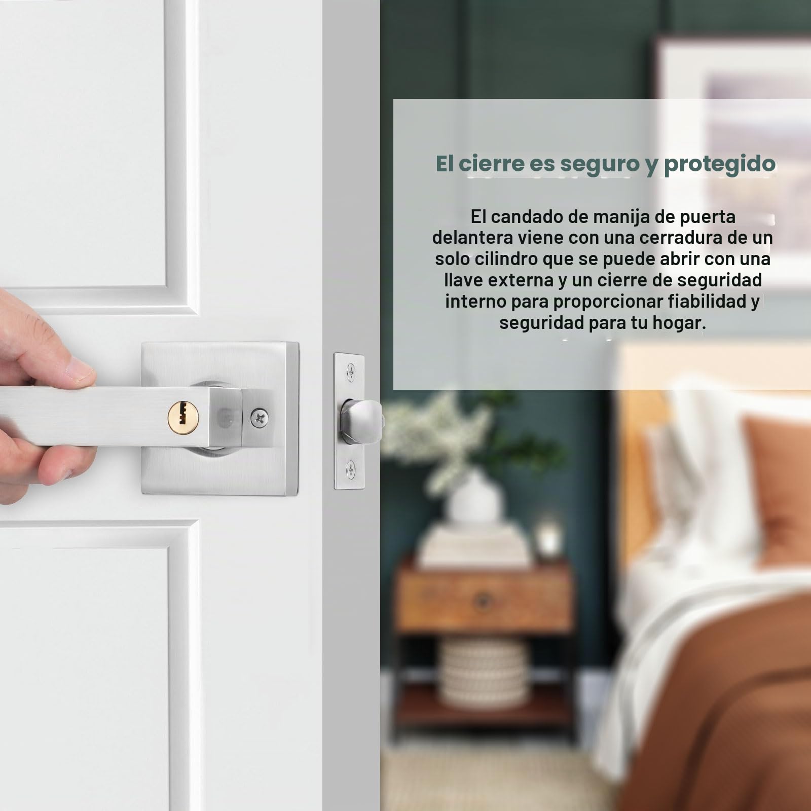 HSEAMALL Tirador de palanca para puerta, tirador de puerta interior con cerradura y llave, puerta de entrada cuadrada para dormitorio oficina mano derecha o izquierda (plata)