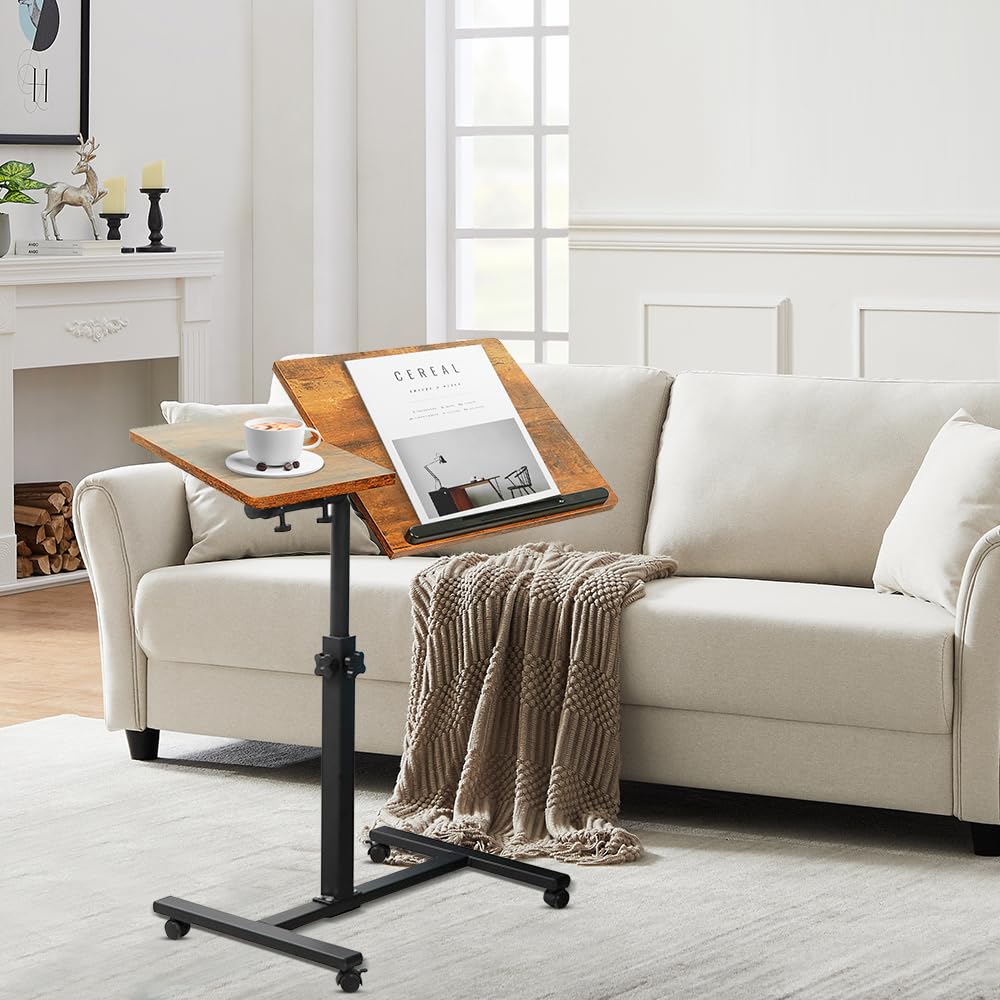 Homewell - Mesa auxiliar ajustable en altura con ruedas, mesa de noche, deslizante, 360 ° giratoria, para sofá, estilo industrial, sofá o cama, 60 x 34,5 x 58-90 cm (D amarillo)