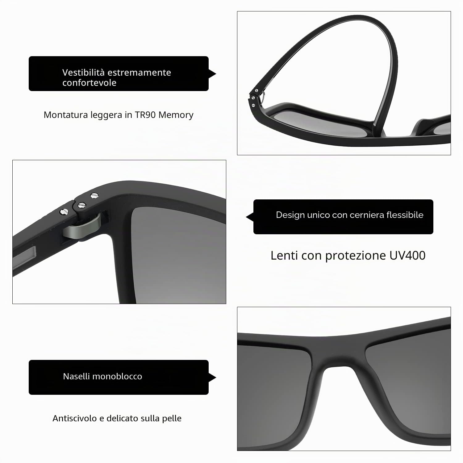 ZENOTTIC Occhiali da sole polarizzati uomo leggero TR90 montatura UV400 protezione occhiali da sole quadrati