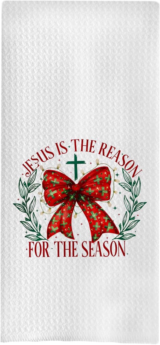 Christian Decorative Hand & Dish Towels - Jesus is The Reason for The Season, Christmas Kitchen & Bathroom Decor, 16x24 Inch