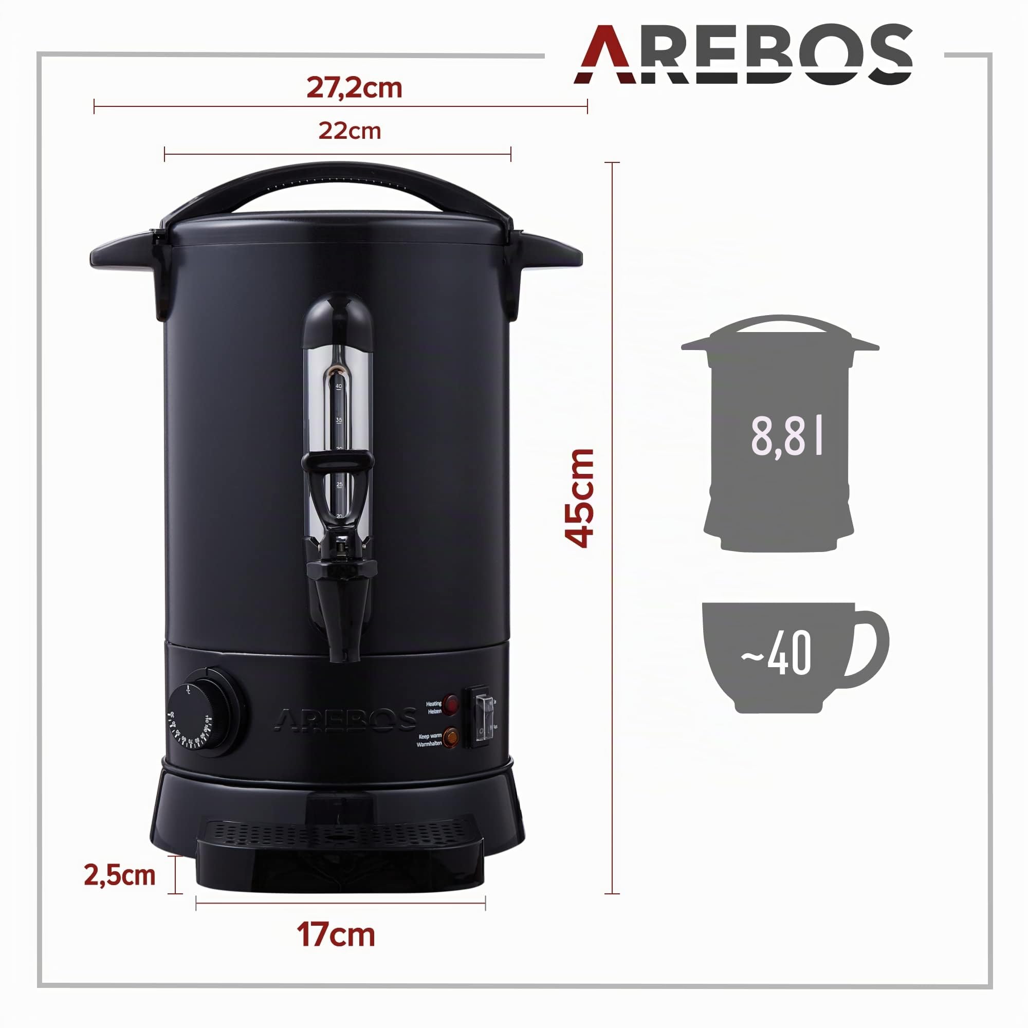 Arebos Cocina eléctrica para vino caliente 950 W 8,8 L | Hervidor para Vino Caliente | Dispensador de Bebidas Calientes con grifo de salida | termostato y protección contra sobrecalentamiento