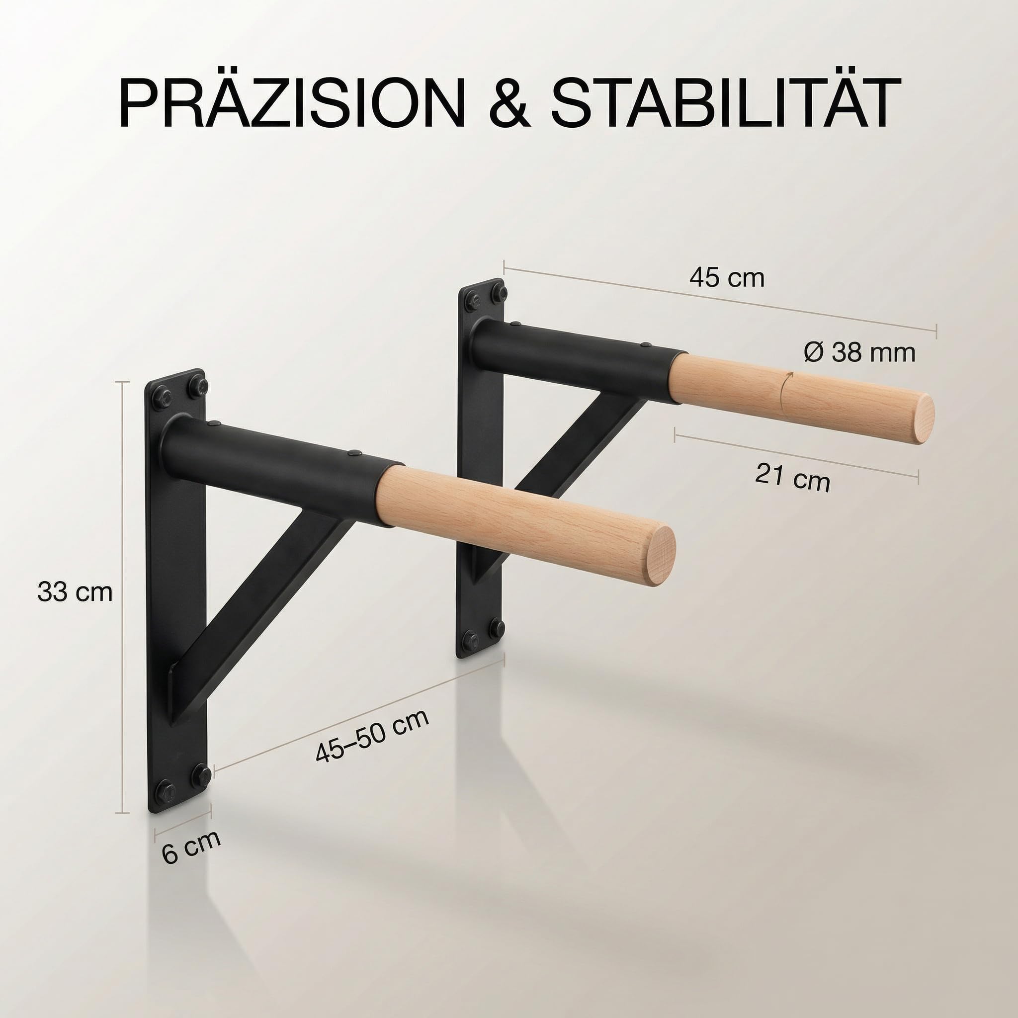 Dip Barren Wandmontage – Dip Station aus Stahl & Buchenholz | 38mm Griff, bis 150 kg, 45cm Wandabstand | Calisthenics Dip Stange für Home Gym