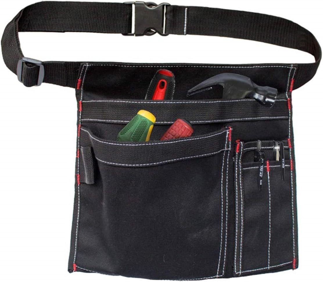 TERRIFI Multifunctional Canvas Tool Belt Pouch with Adjustable Belt Clip, 12OZ Waist Apron for Workshop Storage, Woodworking Tools, Screwdrivers, and Gardening, Black