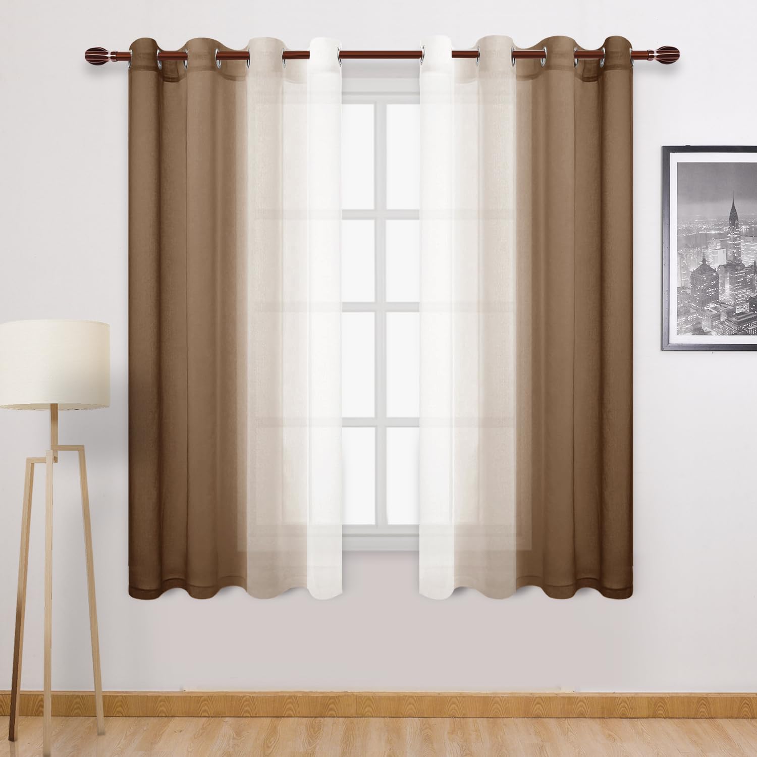 DWCN Ombre Short Sheer Curtains - 63 inches Faux Linen Semi Voile Gradient Light-Filtering Bedroom and Living Room Curtains, Set of 2 Grommet Top Window Drape Panels, 52 x 63 Inch Length, Warm Brown โ image 1