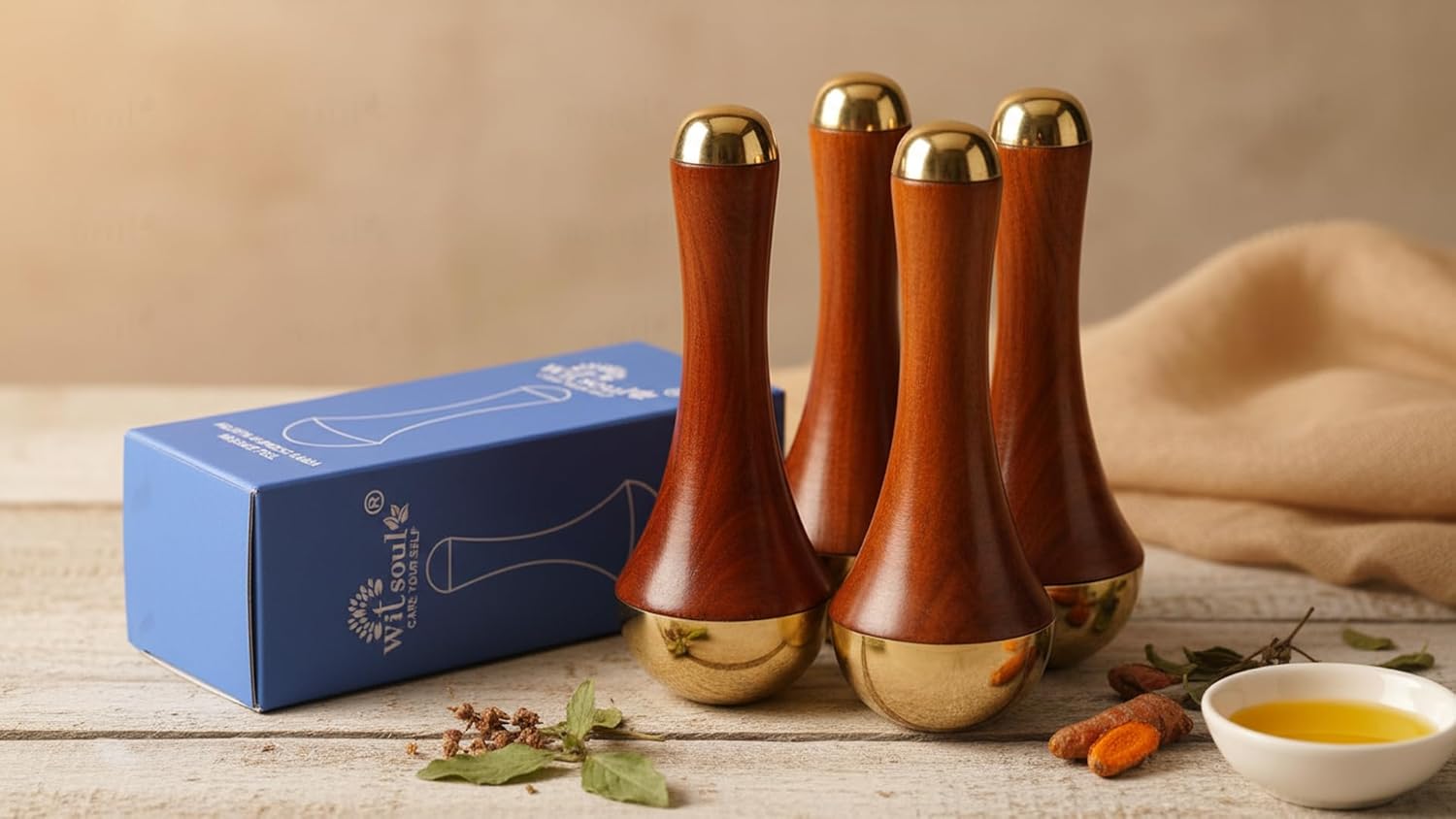 WITSOUL Double Cup kansa Wand face,Foot and Eye Massager/Unique Design - 2 in 1 Kansa/Two Different Sizes with Teak Wood Handle 1pcs - Image 2