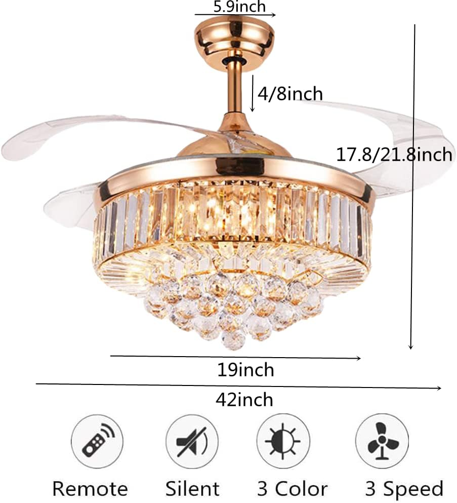 42" Crystal Ceiling Fan Light With Remote Control Invisible Retractable 4-Blade Gold Mute Fan Chandelier 3 Colors Change