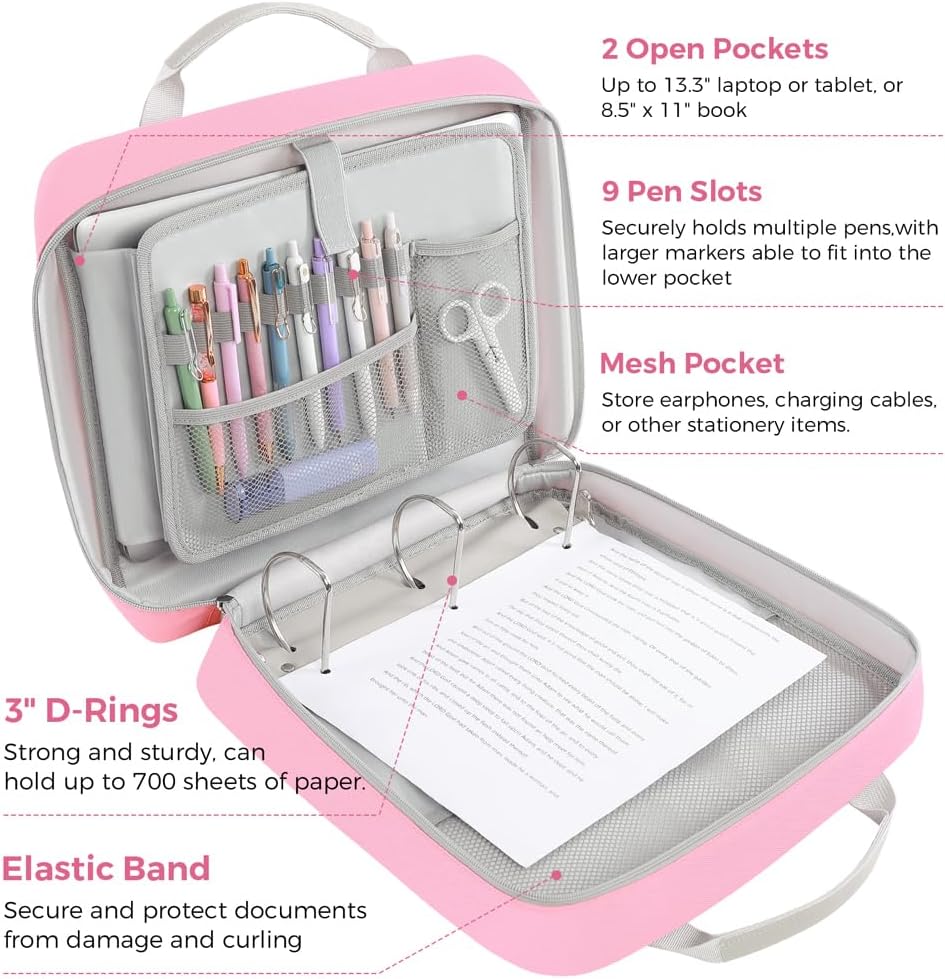 SKYDUE Zipper Binder 3 Inch D-Ring School Binder, Oxford Fabric School Organizer Holds 700+ Sheets, Fits 13.3" Laptop, Water-Resistant, Handle & Shoulder Strap, 14"x13" – School Supplies, Pink