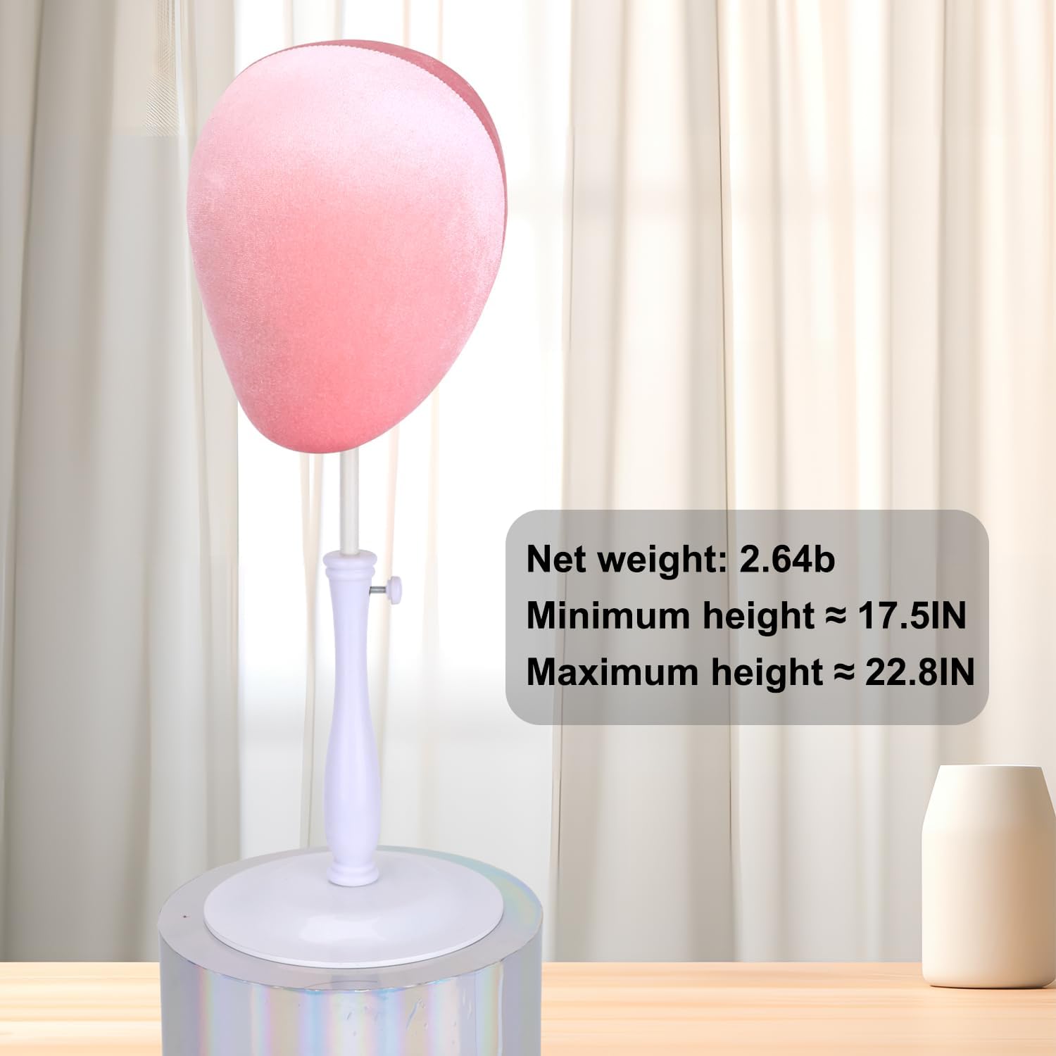 Velvet Wig Head Stand for Hat and Wig Display, Adjustable Mannequin Head Stand with Retractable Metal Base for Styling and Display (Velvet pink)