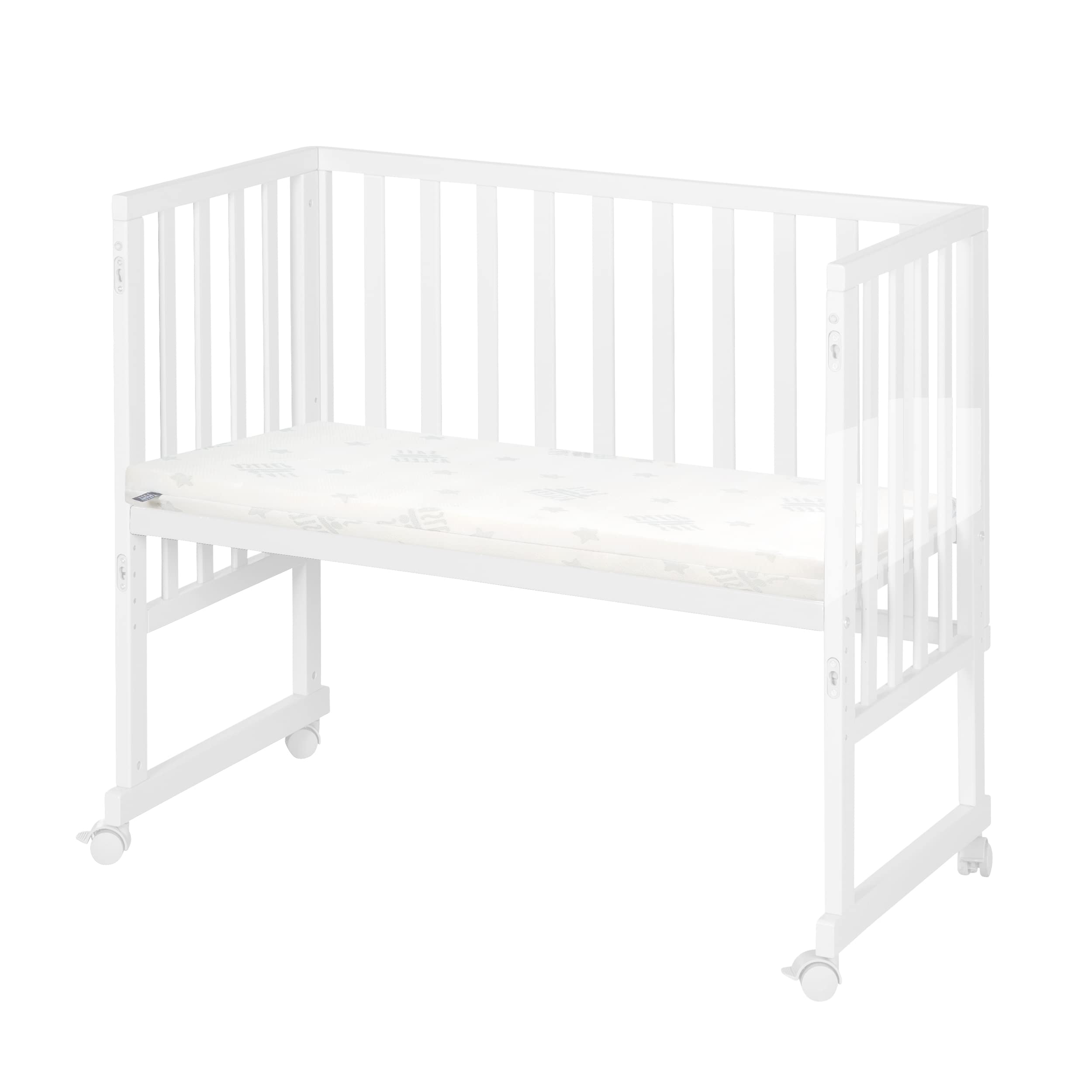 roba Cuna Colecho 45 x 90 cm Safe Asleep 3 en 1 - Altura Ajustable - Conjunto Completo con Cuna, Colchón, Barrera de Tela y Ruedas con Freno - Madera Blanca