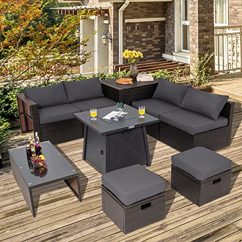 Tangkula 9 Pieces Patio Furniture Set with 30” Propane Fire Pit Table, Outdoor PE Wicker Sectional Sofa Set with Storage Box, 50,000 BTU Gas Fire Pit Table with 2 Protective Covers - Image 4